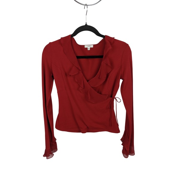 Cache Tops - Cache Y2K Red Ruffle Wrap Top Silk Trim Long Sleeve V-Neck Small S USA Made